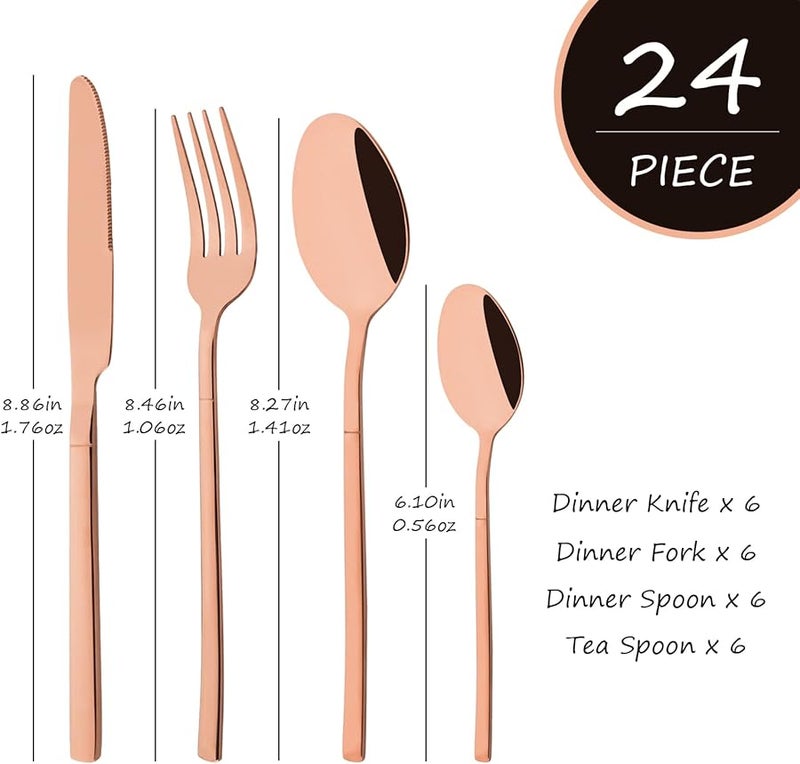 24 Piece Rose Gold Stainless Steel Cutlery Set For 6 Mirror Polished Flatware - Image 2